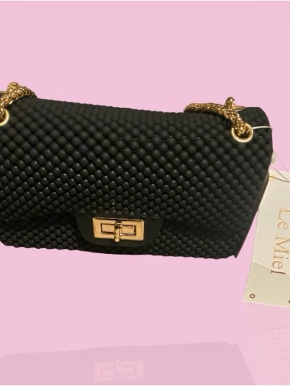 Le Miel Black Textured Chain Crossbody Bag